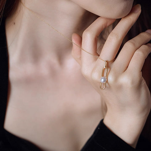 Modern Link Pearl Pendant Necklace - Gold Vermeil