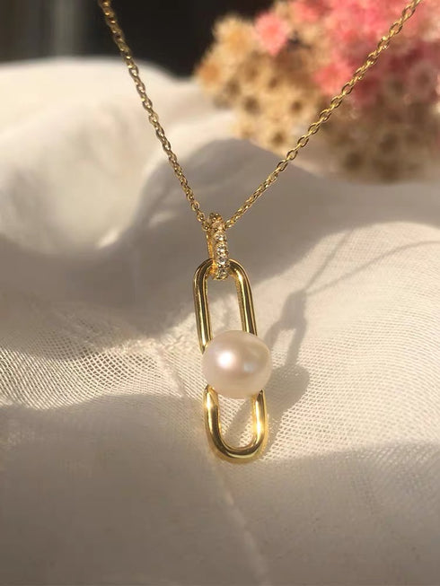 Modern Link Pearl Pendant Necklace - Gold Vermeil