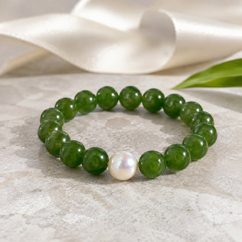 Jade Green 12–13mm Freshwater Pearl & Jade Green Bracelet