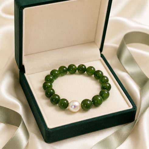 Jade Green 12–13mm Freshwater Pearl & Jade Green Bracelet