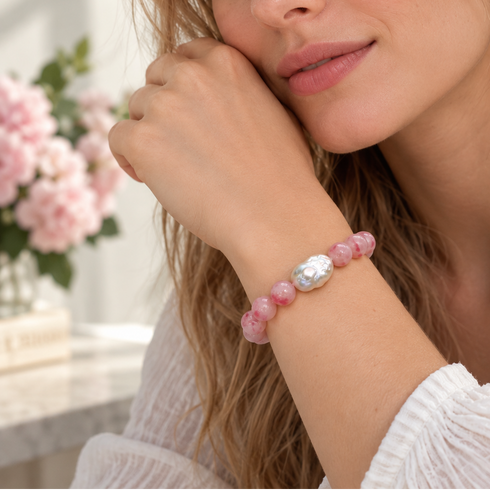 Pink Cloudy Quartz Baroque Pearl Bracelet