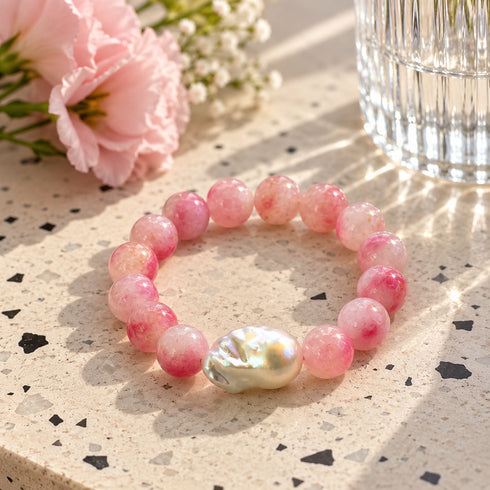 Pink Cloudy Quartz Baroque Pearl Bracelet