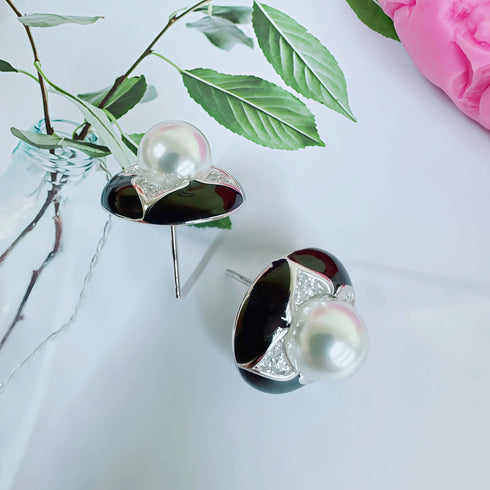 Vintage Black Floral Pearl Stud Earrings / Ring / Necklace – Sterling Silver / Gold Vermeil