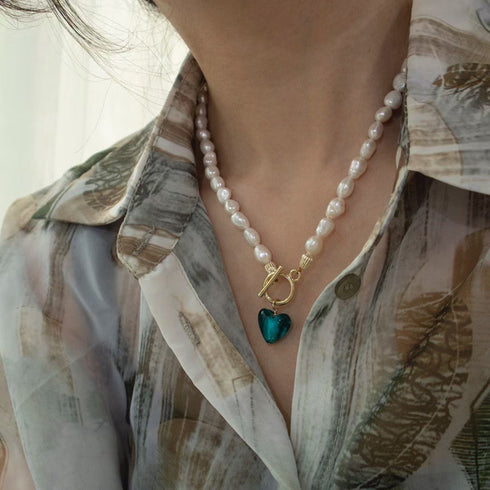 Colorful Heart & Square Pendant Baroque Pearl Necklace