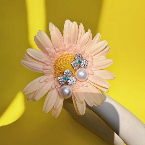 Floral Leaf Green Zirconia Pearl Earrings - Natural Beauty