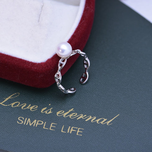 Minimal Chain Freshwater Pearl Open Ring – Sterling Silver