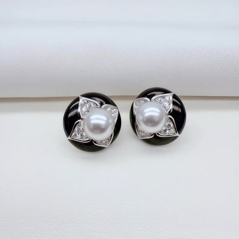Vintage Black Floral Pearl Stud Earrings / Ring / Necklace – Sterling Silver / Gold Vermeil