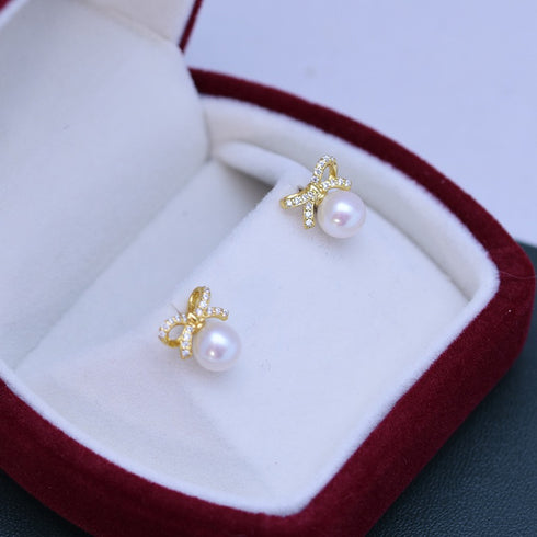 Gold Bow Pearl Stud Earrings – Gold Vermeil