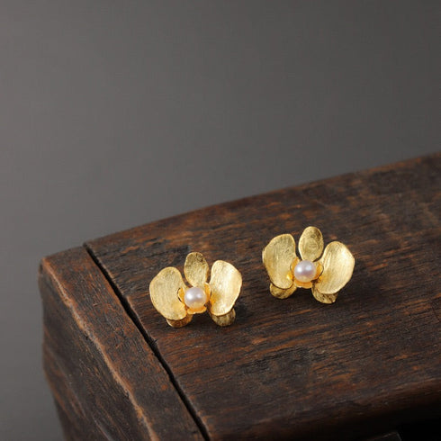 Butterfly Orchid Pearl Stud Earrings - Sterling Silver / Gold Vermeil