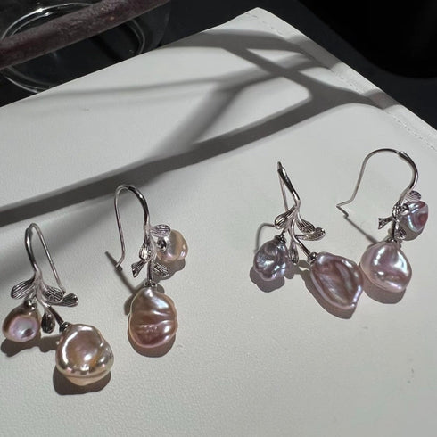 Petal Baroque Pearl Flower Hook Earrings - Sterling Silver