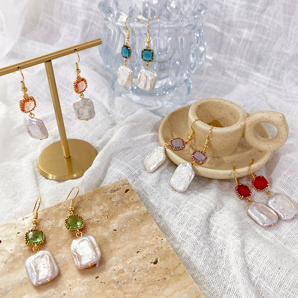 Colorful Crystal Baroque Pearl Drop Earrings – Gold Plated
