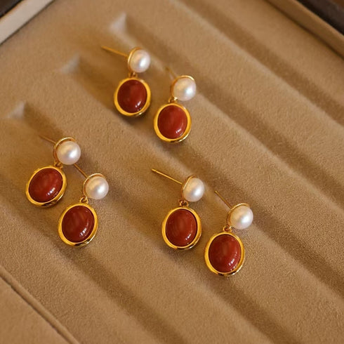 Red Agate Pearl Drop Earrings