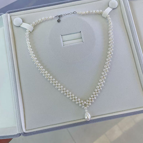 Teardrop of Stars Layered Pearl Necklace – Elegant Handwoven Design