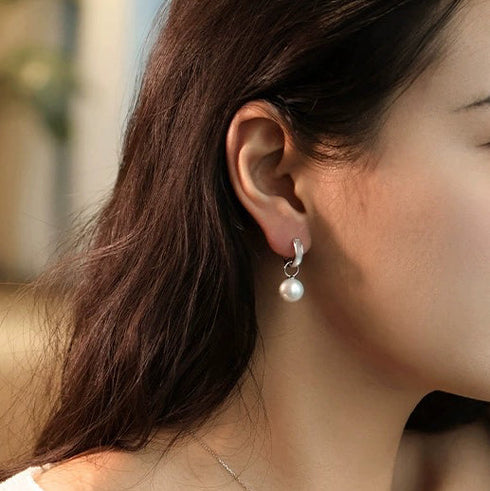 Mother of Pearl Shell Hoop Pearl Drop Earrings - Sterling Silver