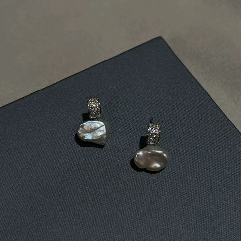 Cube Zirconia Baroque Pearl Stud Earrings