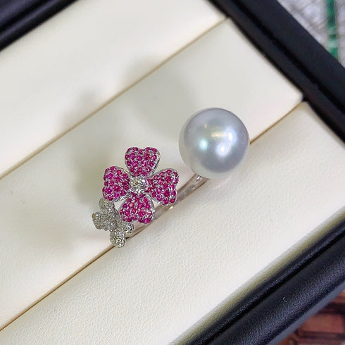 Pink Flower Motifs Pearl Open Ring - Sterling Silver