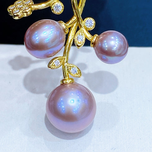 Floral Branch Purple Baroque Pearl Pendant - Gold Vermeil