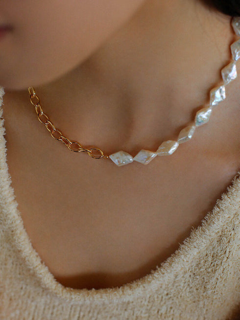 Rhombic Freshwater Baroque Pearl Gold Chain Necklace – Gold Plated