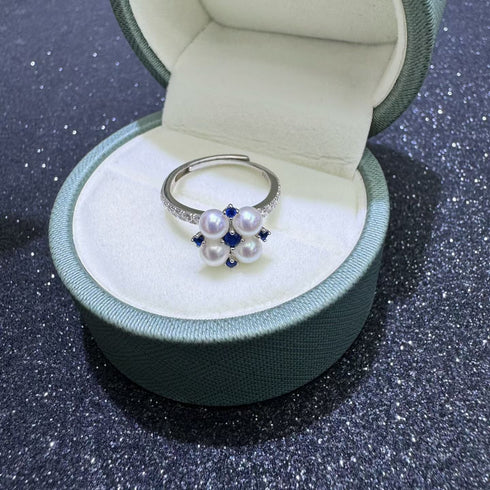 Vivid Blue Zirconia Pearl Flower Ring – Sterling Silver