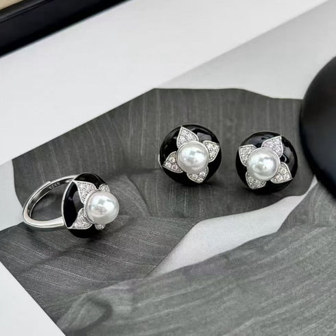 Vintage Black Floral Pearl Stud Earrings / Ring / Necklace – Sterling Silver / Gold Vermeil