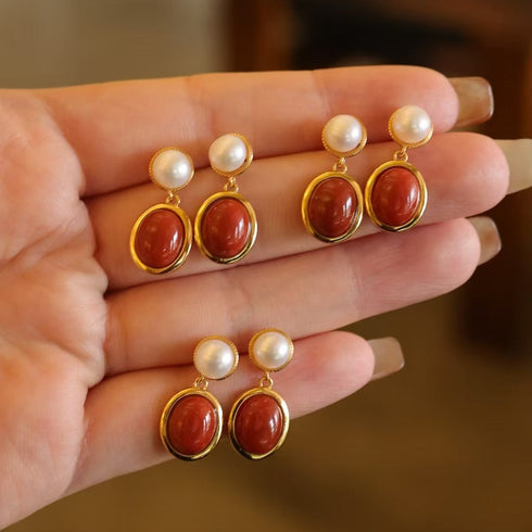 Red Agate Pearl Drop Earrings