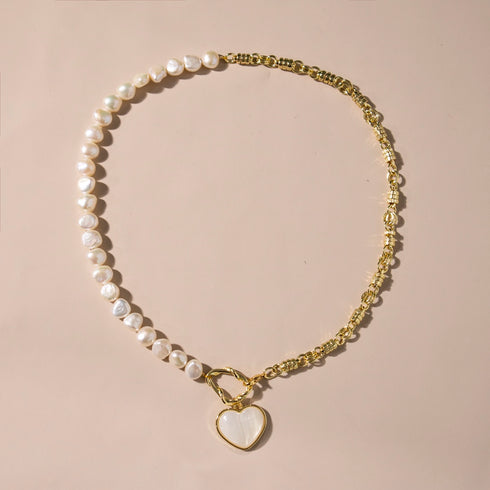 Shell Heart Pendant Pearl Chain Necklace