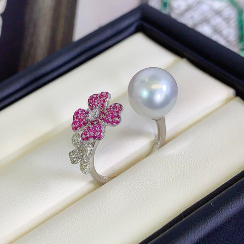 Pink Flower Motifs Pearl Open Ring - Sterling Silver