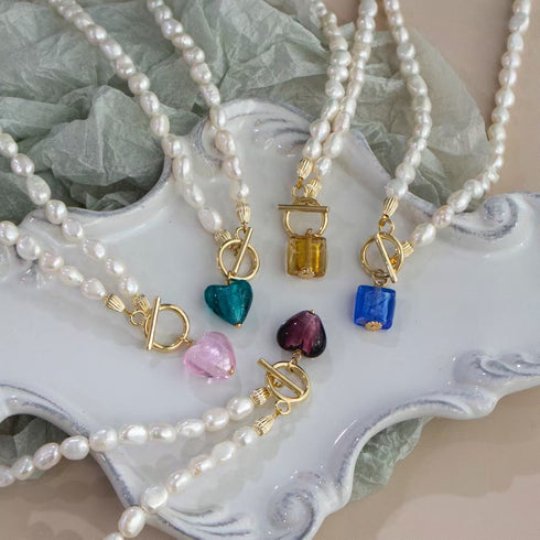 Colorful Heart & Square Pendant Baroque Pearl Necklace