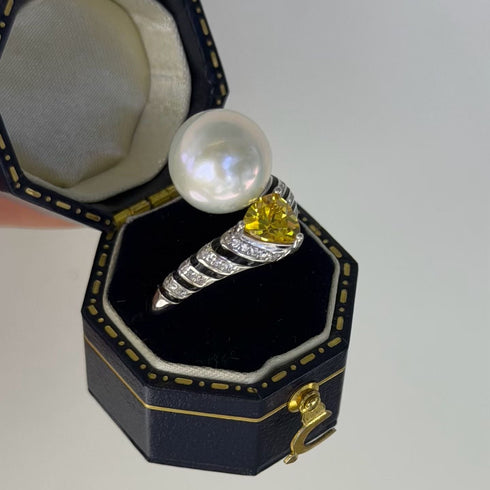 Luxury Vintage Yellow Zirconia Pearl Open Ring – Sterling Silver
