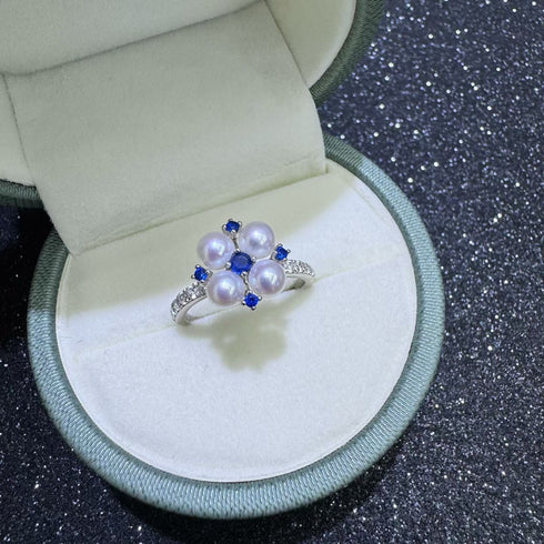 Vivid Blue Zirconia Pearl Flower Ring – Sterling Silver