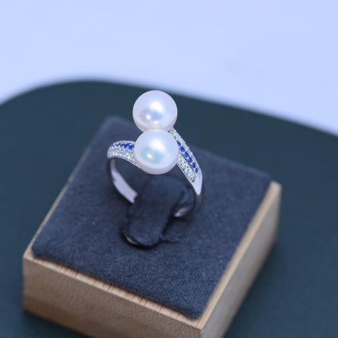 Dual Pearls Blue Zirconia Cross Ring - Sterling Silver