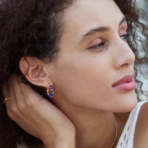 Cross Blue Gemstone Hoop Earrings - 18K Vermeil