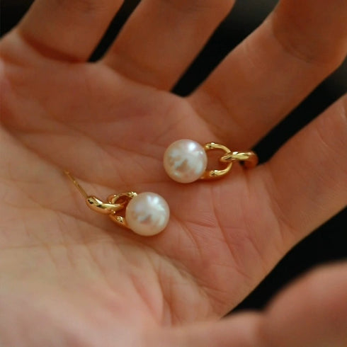 Gold Chain Freshwater Pearl Stud Earrings