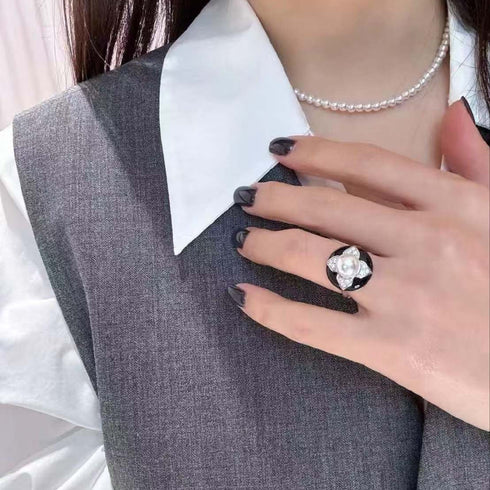 Vintage Black Floral Pearl Stud Earrings / Ring / Necklace – Sterling Silver / Gold Vermeil