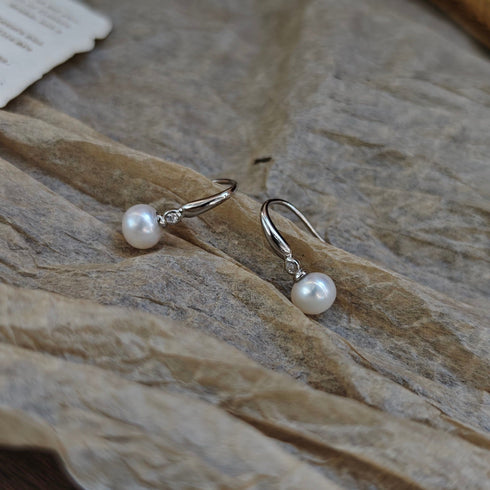 Oval Small Freshwater Pearl Silver Hook Earrings