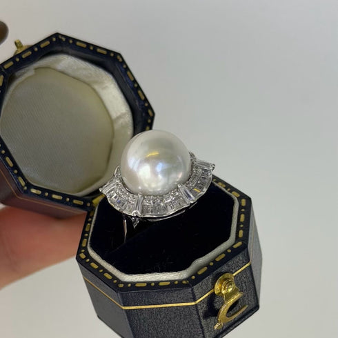 Luxury Zirconia Halo Pearl Open Ring – Sterling Silver