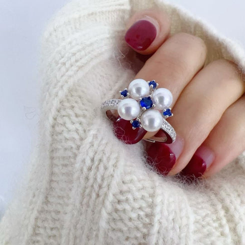 Vivid Blue Zirconia Pearl Flower Ring – Sterling Silver