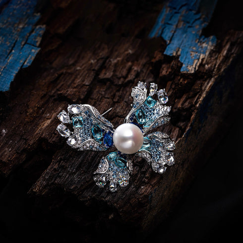 Blue Butterfly Pearl Brooch