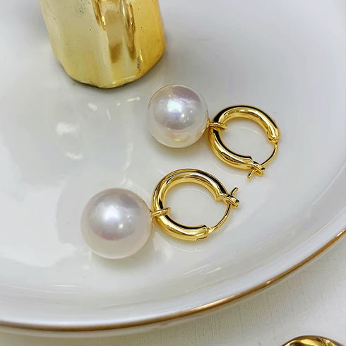 Power Edison Pearl Gold Hoop Earrings - White/ Purple Pearls with Versatile Design