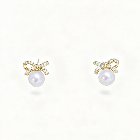 Mini Bow Pearl Stud Earrings – Gold Vermeil