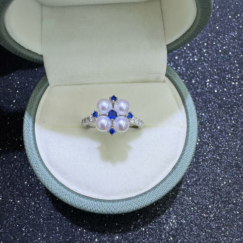 Vivid Blue Zirconia Pearl Flower Ring – Sterling Silver