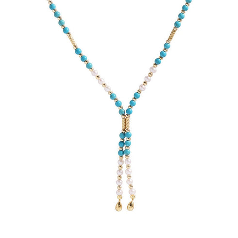 Turquoise and Pearl Beaded Long Necklace