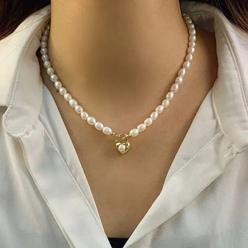 Heart Lock Rice Pearl Collar Necklace