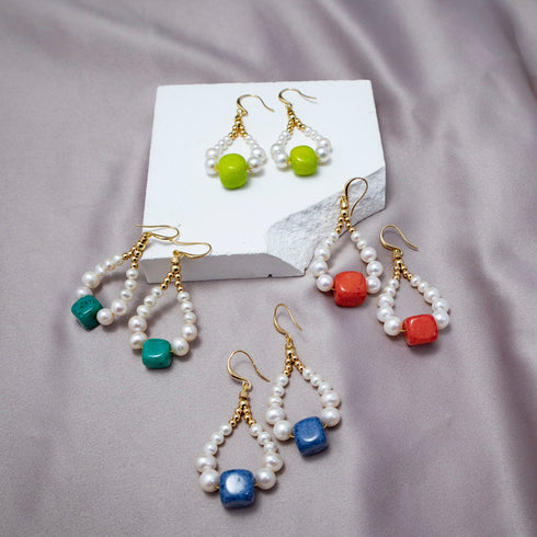 Colorful Cube Teardrop Pearl Earrings – Rustic Elegance