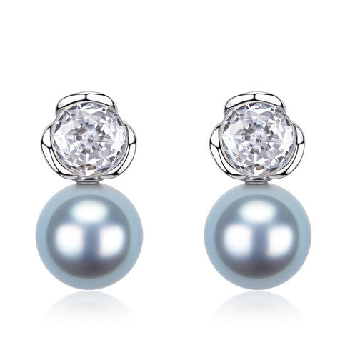 7-8mm Silver Blue Akoya Pearl Floral Cubic Zirconia Earrings