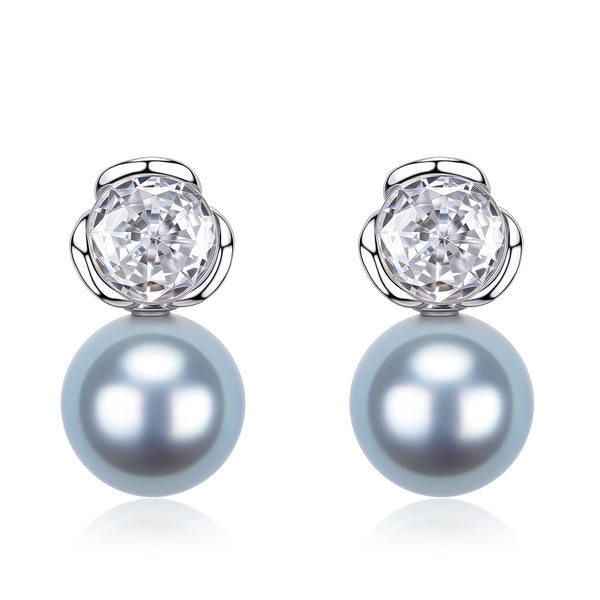 7-8mm Silver Blue Akoya Pearl Floral Cubic Zirconia Earrings