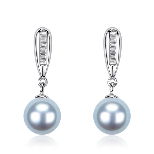 Silver Blue Akoya Pearl Drop Zirconia Earrings -Sterling Silver