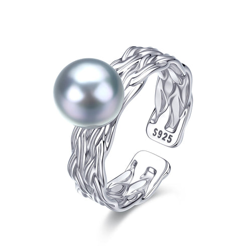 7-8mm Silver Blue Akoya Pearl Weave Ring