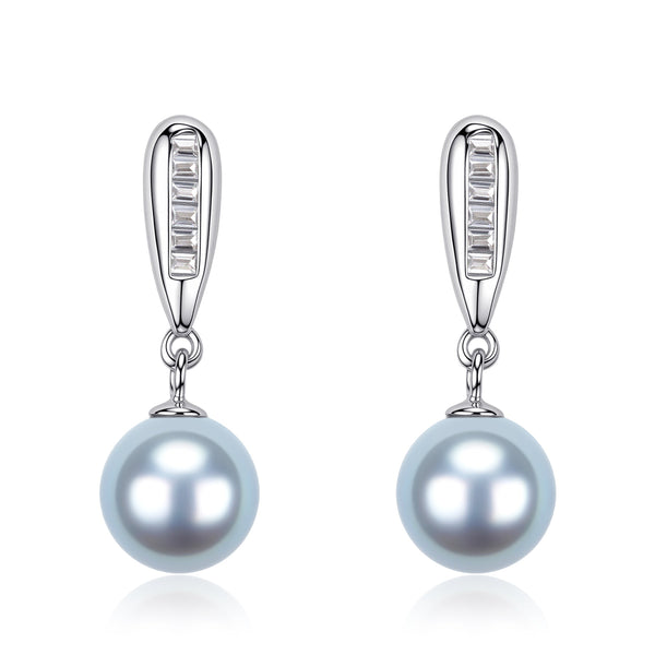 Silver Blue Akoya Pearl Drop Zirconia Earrings -Sterling Silver