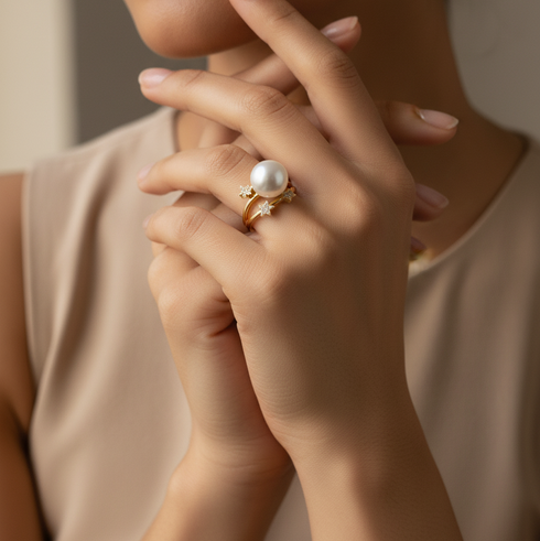 Twinkling Star White/ Gold Pearl Open Ring - Gold Vermeil
